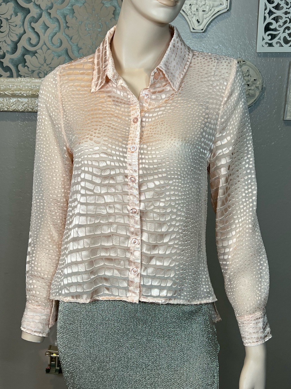 AS by DF Peach Pink Satin Button-up Blouse